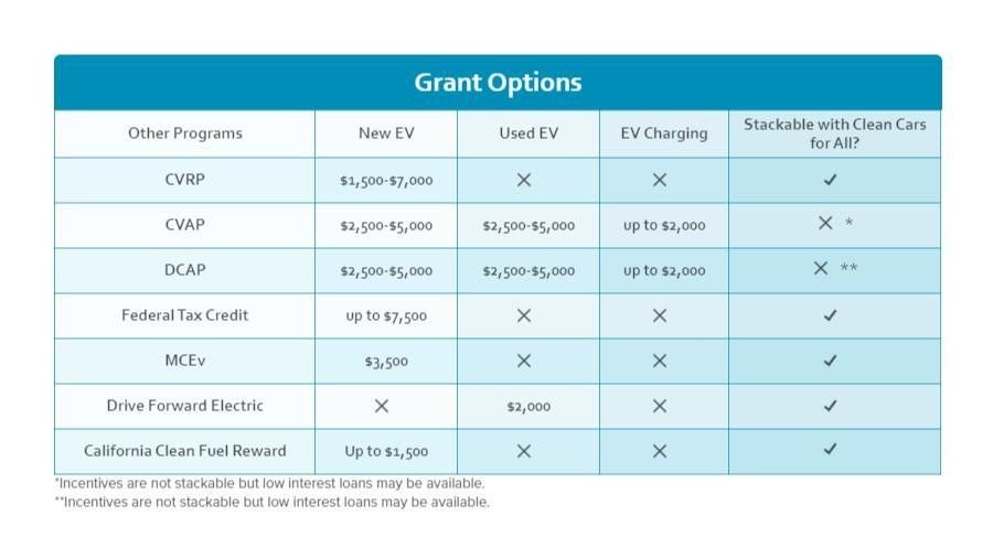 table showing grant options